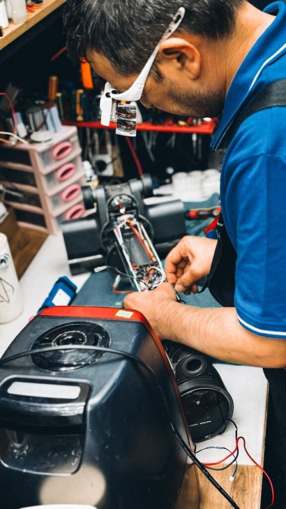 pexels-photo-31869841 A technician carefully repairs a vacuum cleaner in a cluttered workshop, showcasing skilled craftsmanship.